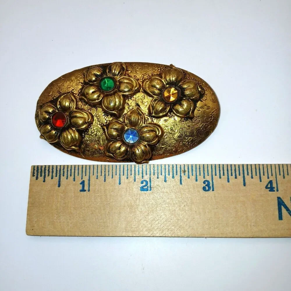 Art Deco Brooch Jewelry Flower Multicolor Glass Rhinestone 1930's? Czech? 3x2 in
